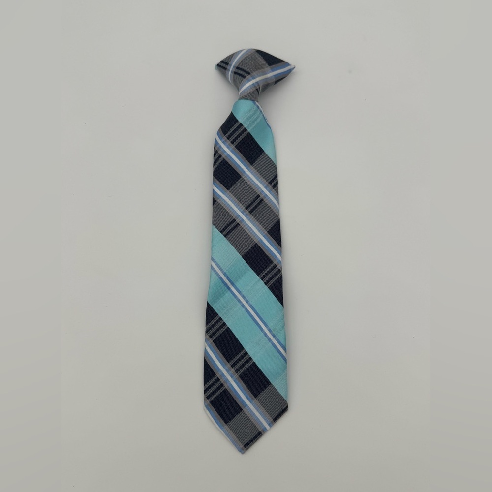 Boys Clip on blue plaid dress outfit neck tie gray formal kids one size - Picture 2 of 4